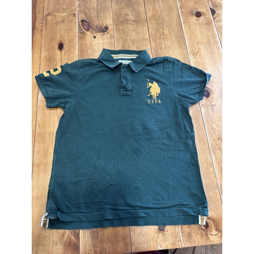 U.S. Polo Assn. Men's Green Gold youth L Polo Shirt Cotton Embroidered 3 Sleeve